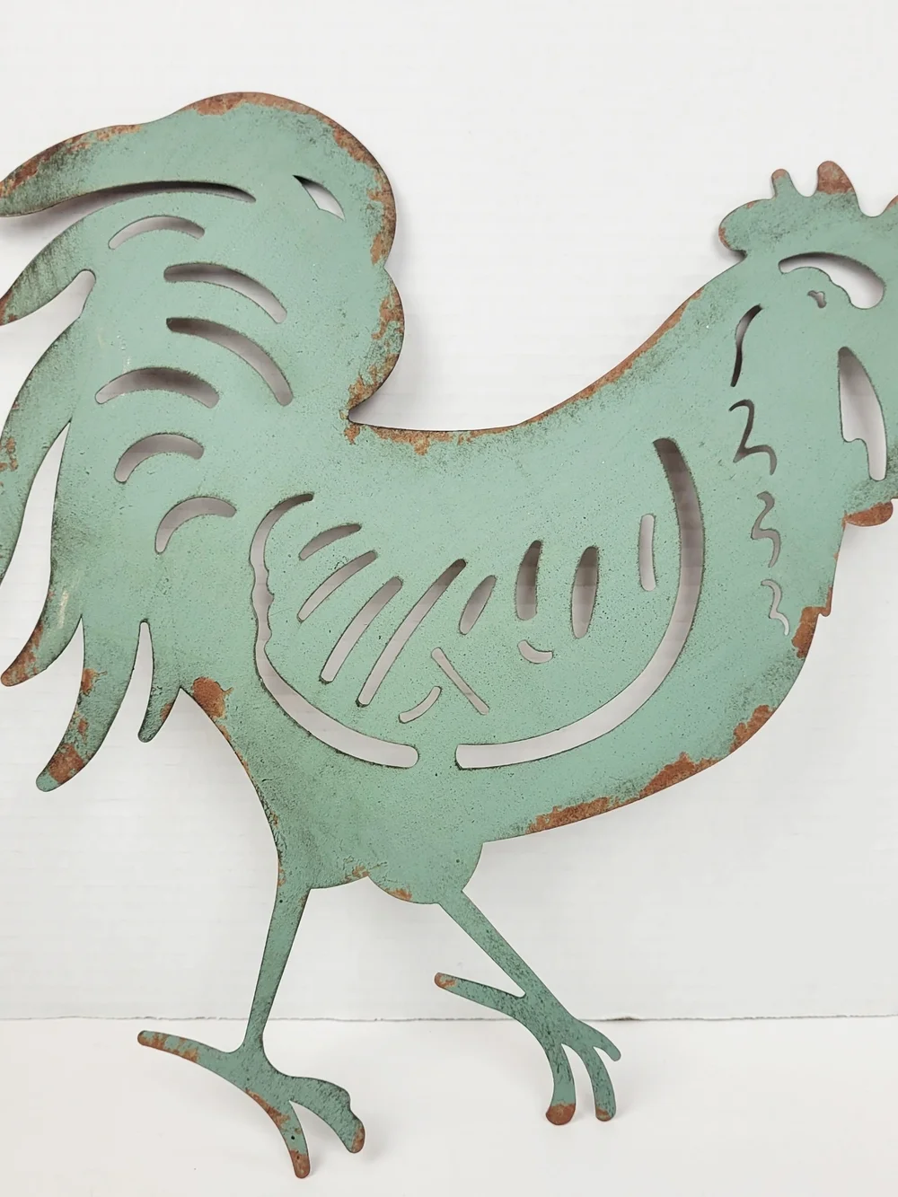 Set of 2~Rooster Metal Wall Decor ~Distressed~Rustic Farmcore~Turquoise~White